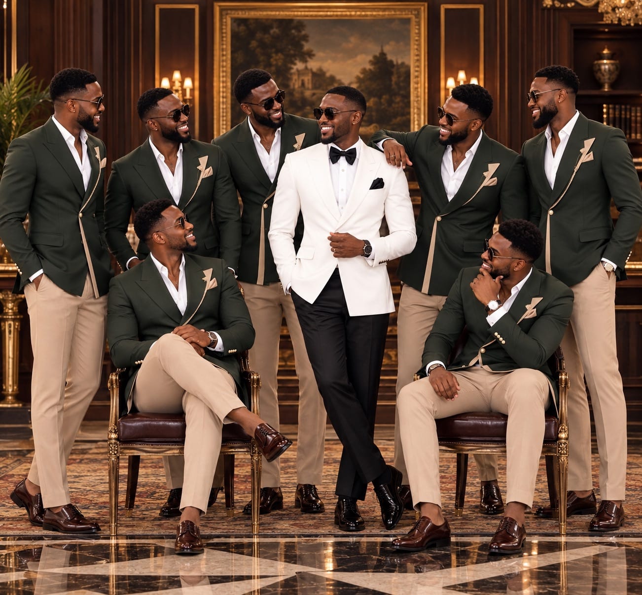 MAVA Collections clients in custom green and white tailored formalwear