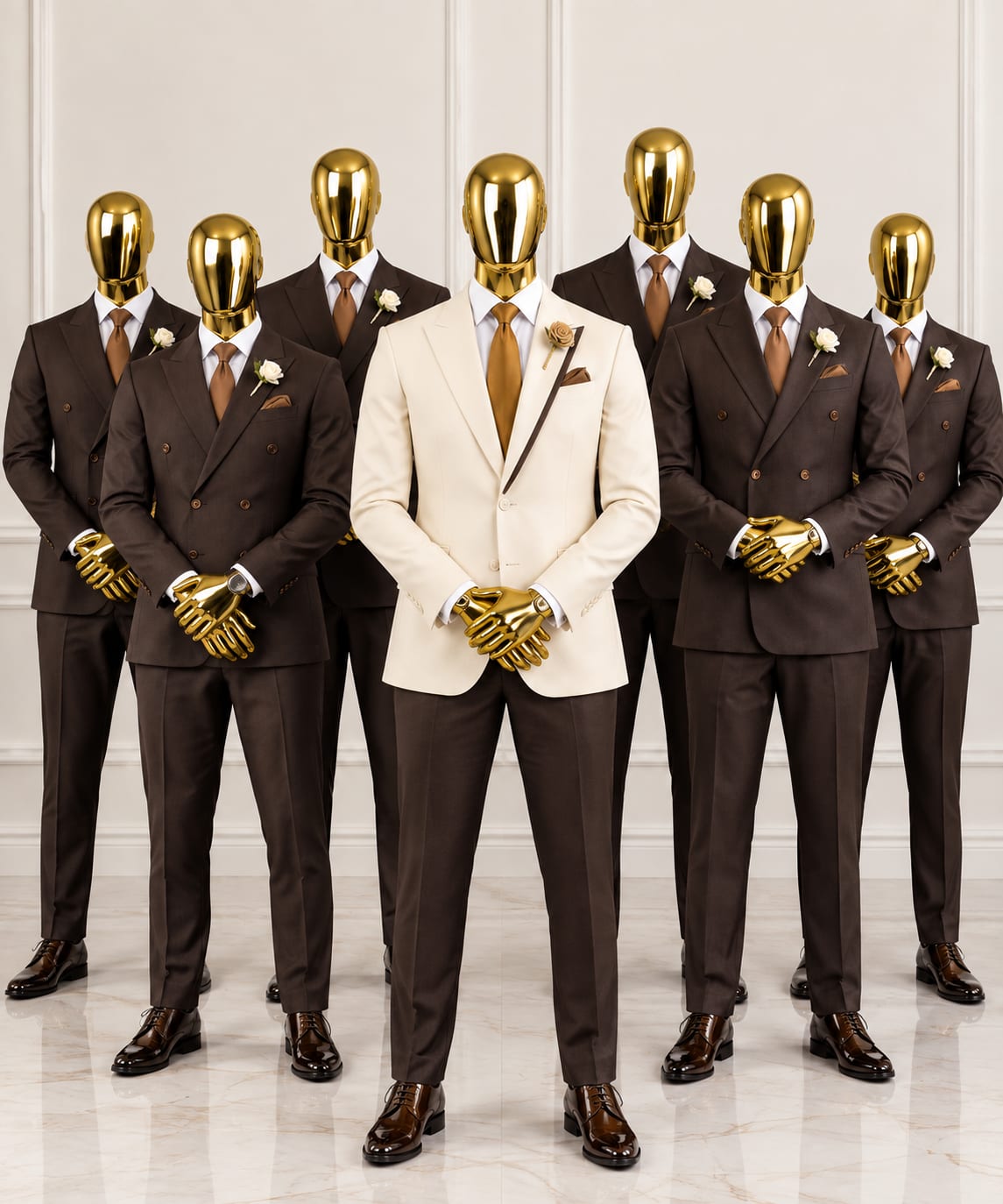 MAVA Collections tailored brown and cream suits displayed in a luxury atelier